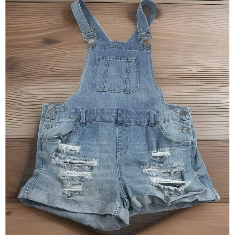 Blue Spice‎ Distressed Shortalls Women Junior Size 13 Denim Shorts Overalls